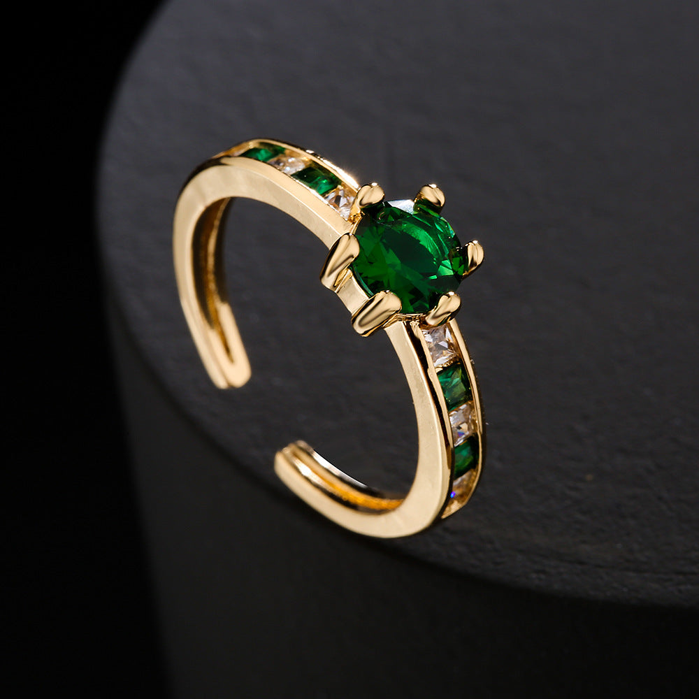 Women Retro Green Zircon Ring 18K Gold Plated Copper Micro Inlay Geometric Adjustable Jewelry Gift for Women