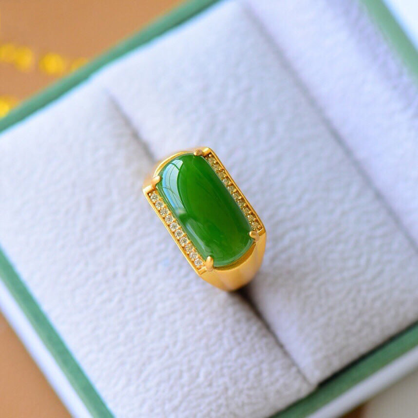 Vintage Copper Ring Gold Plated Jade Inlay Geometric Design For Women Adjustable Opening White Jade And Jasper Accents