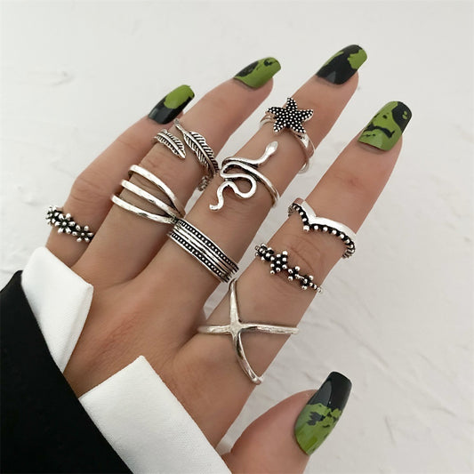 Knuckle Ring Set Retro Boho Alloy Serpent Starfish Leaf Rings Jewelry Set Of Nine Pieces Boho Rings Collection