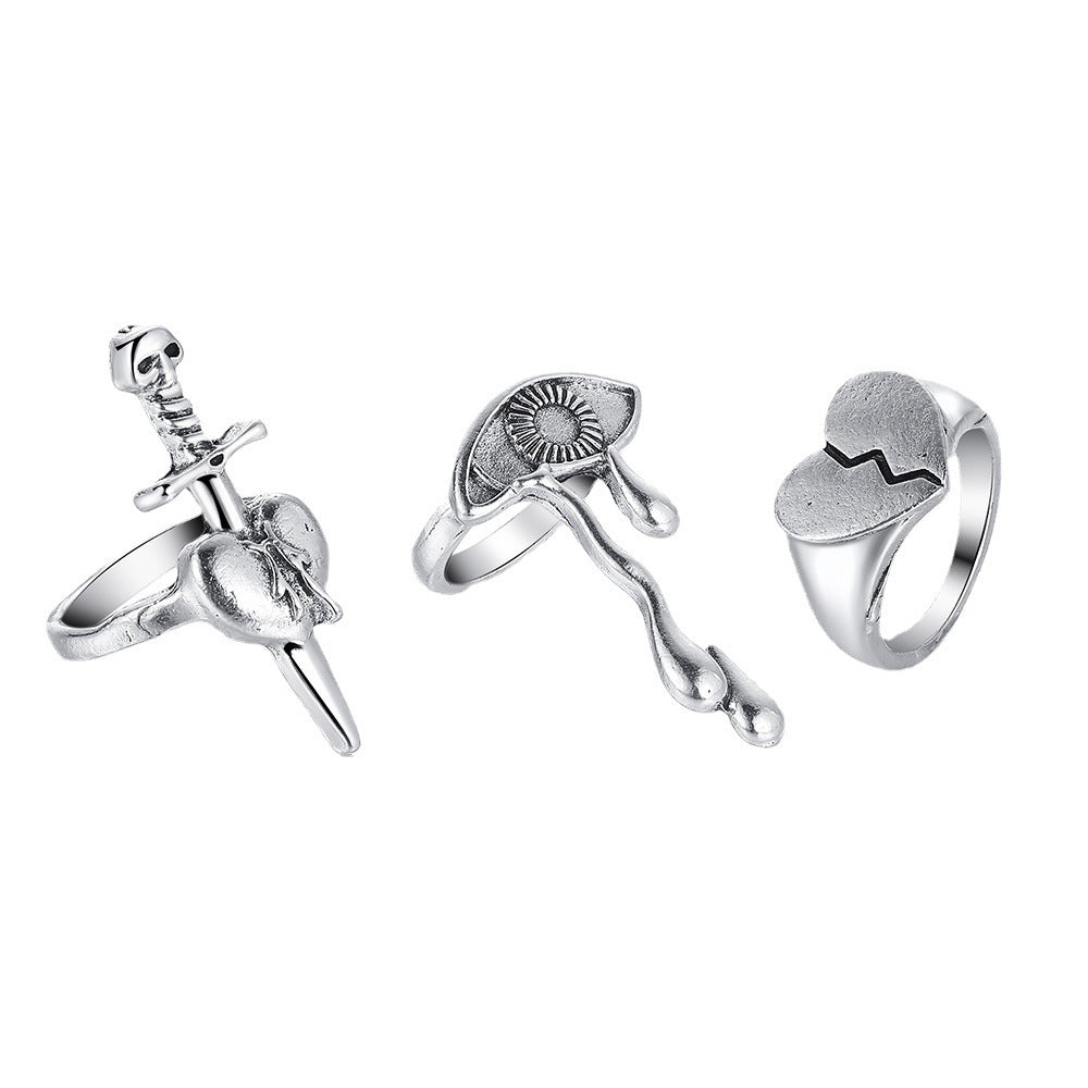 Three Piece Alloy Ring Set Featuring Heart Snake Butterfly Chain Bee Pentagram Shapes Anniversary Birthday Gift