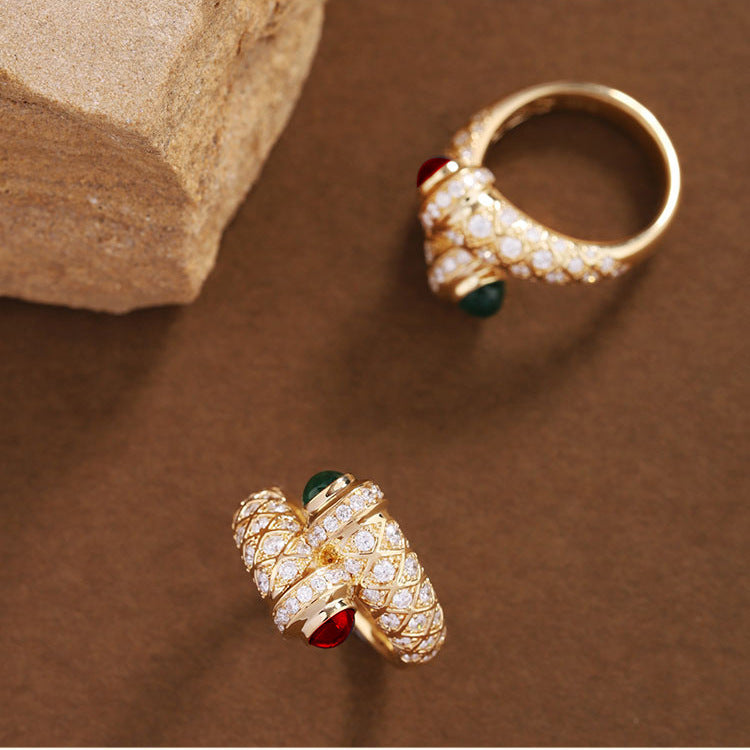 Gold Plated Diamond Micro Set Ring Geometric Antique Design With Red And Green Gemstones US Size Six For Women
