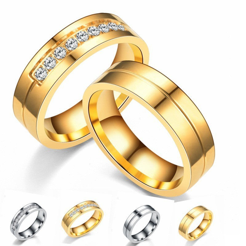 Couple Rings Carved Stainless Steel Band Geometric Design Ring Gold Tone Diamond Accent Wedding Engagement 5 9