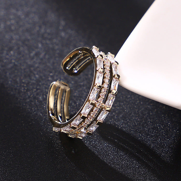 Unisex Geometric Zircon Ring Gold Plated Copper Abstract Design Korean Style Jewelry For Everyday Wear Modern Accessory