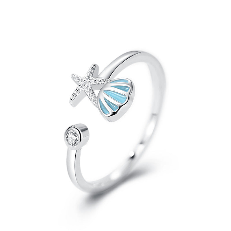 Sterling Silver Shell Starfish Ring Adjustable Opening Gemstone Inlay Inner Diameter 17mm White Gold Jewellery