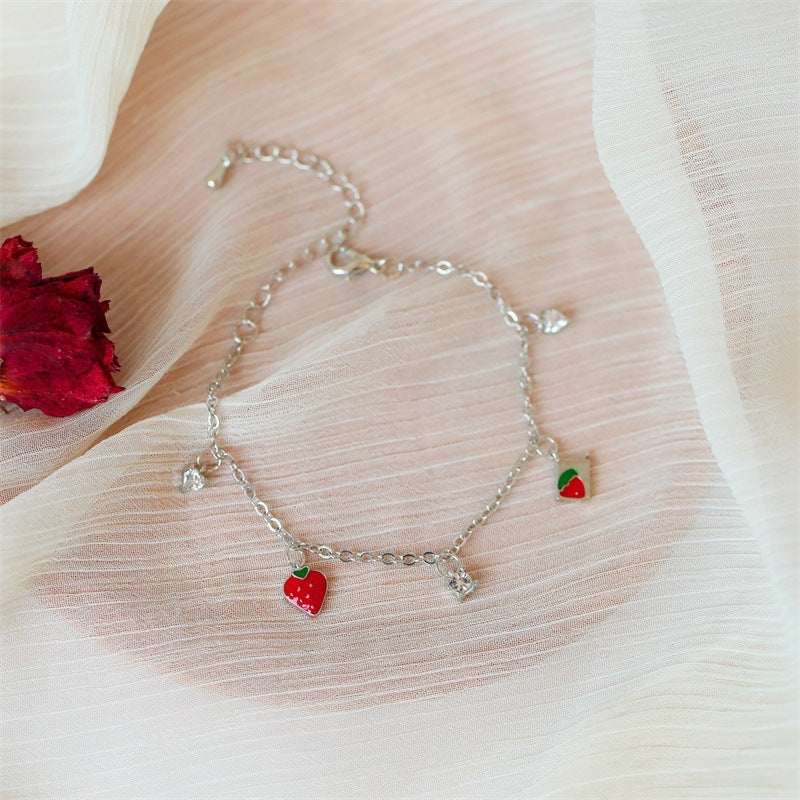 Womens Alloy Bracelet With Strawberry Design And Zircon Accent Korean Style Fashion Jewelry For Women Cute Now