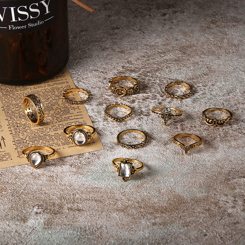 Women Vintage Titanium Steel Ring Antique Gold Geometric Rhinestone Openwork Embossed Opal Jewelry For Everyday Wear