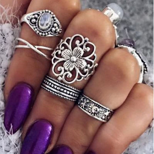 Womens Vintage Ring Set 5 Piece Alloy Hollow Carved Pattern Geometric Design And Electroplated Finish Gold Hue