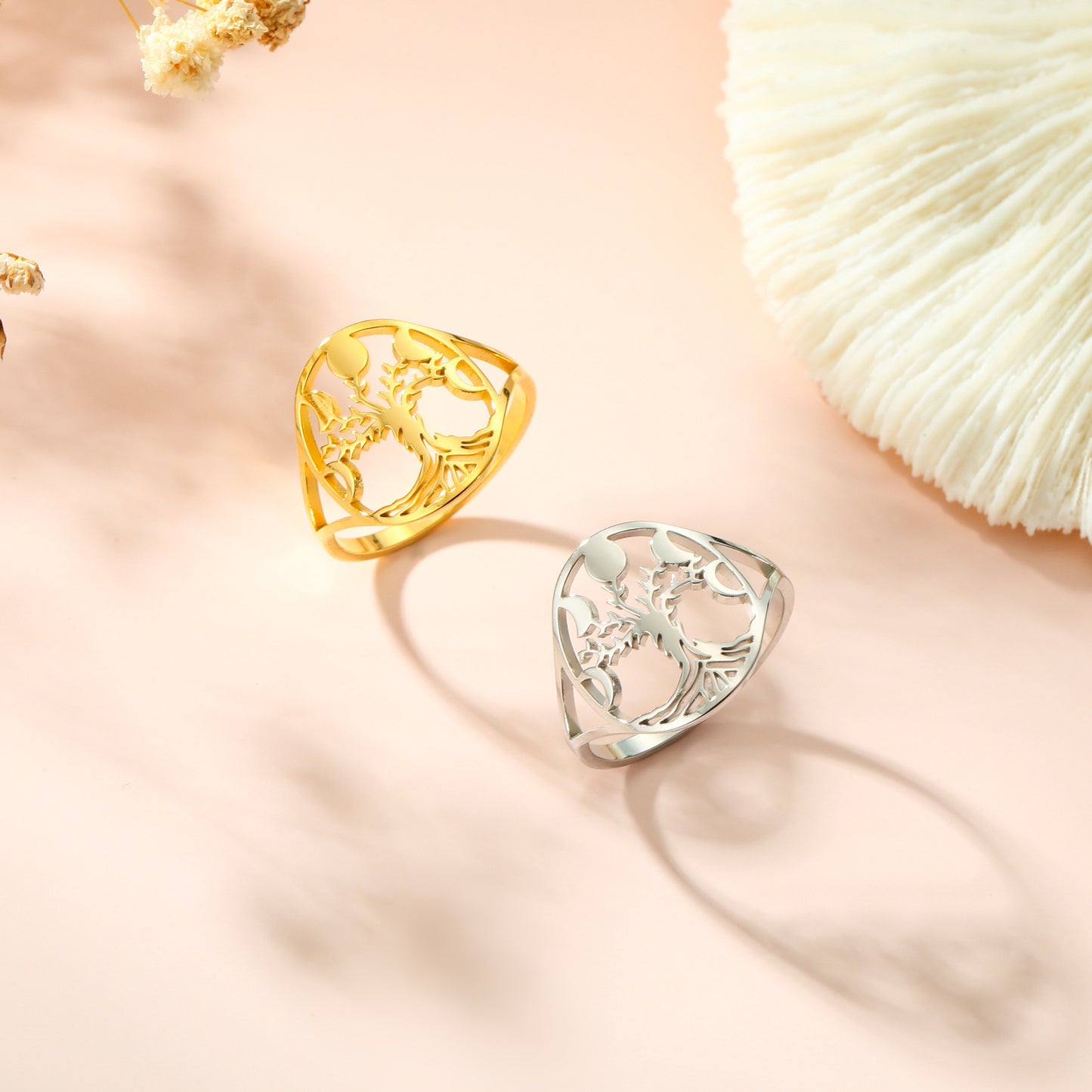 Unisex Stainless Steel Ring 18K Gold Plated Hollow Tree Design Geometric Shape Hip Hop Style Everyday Wearable