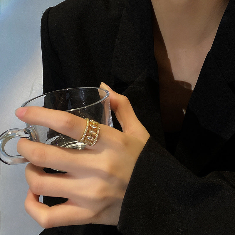 Women Adjustable Zircon Ring Copper Gold Tone Geometric Korean Style Opening Ring With Clear Stones Elegant Sparkling