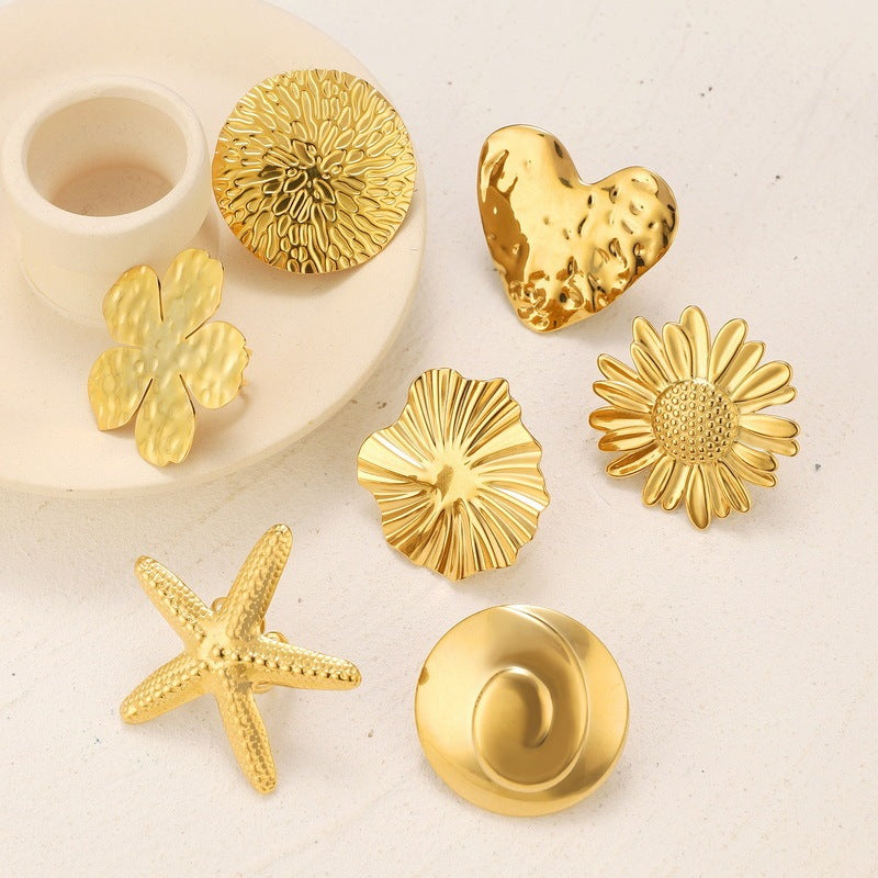 Womens Stainless Steel Ring Embossed Design Heart Flower Starfish Geometric Shapes Electroplated Jewelry Shiny