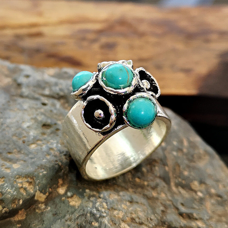Womens 925 Sterling Silver Rings Vintage Thai Flower Turquoise Gemstone Electroplated Retro Floral Design Gifts