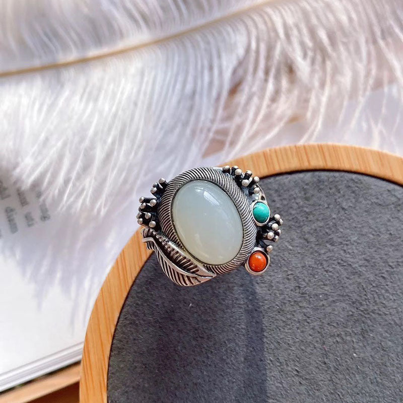 Womens Gold Plated Ring with Hetian Jasper Stone Adjustable Open Animal Zodiac Design Ethnic National Fashion Jewelry Gift for Her