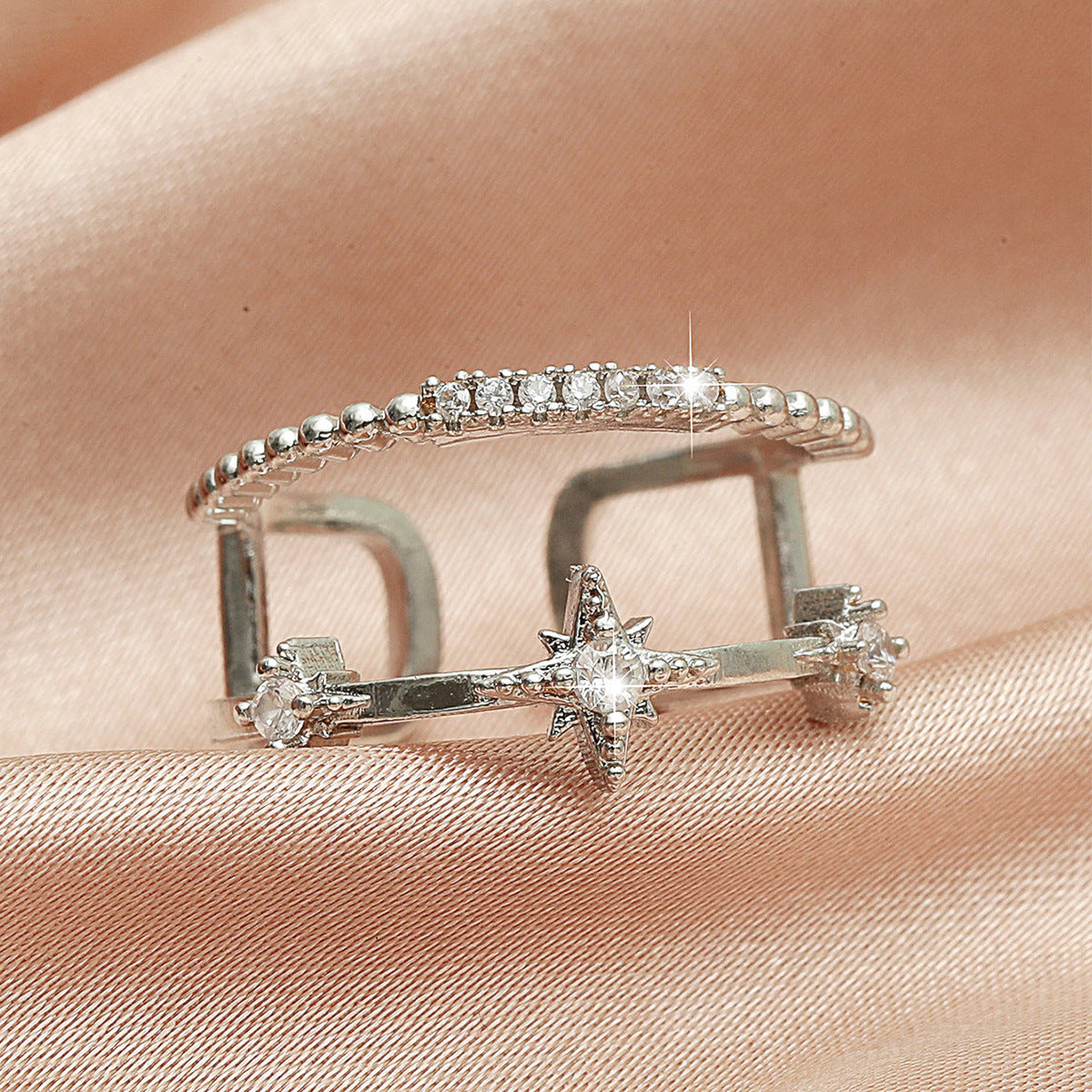 Womens Adjustable Open Ring Double Hexagram Korean Fashion Finger Ring Electroplated Copper Jewelry Gift Trendy