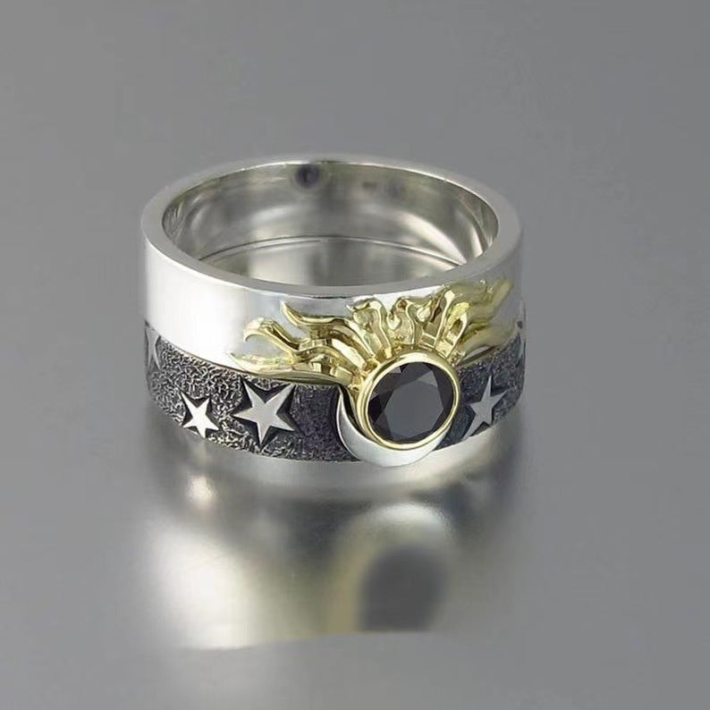 Unisex Star Moon Ring Double Layer Gold Plated Alloy Electroplated Jewelry With Inlaid Artificial Gems Sparkle