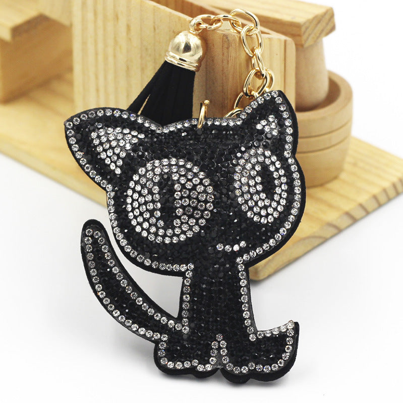 Cute Cat Keychain Bag Charm With Diamond Detailing Two Tone Flannel Material Rose Red Cat Pendant For Handbags