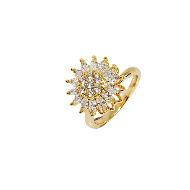 Rotating Sunflower Ring With Full Diamond Adjustable Opening Gold Rose Gold White Gold Women Jewelry Korean Style