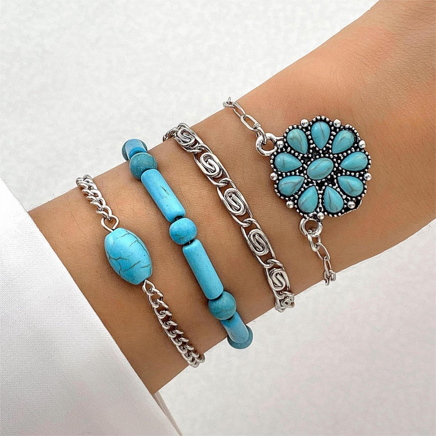 Womens Bracelet Set Electroplated Alloy Fashion Jewelry Collection Turquoise Leaf And Bow Geometric Design Hand Jewelry