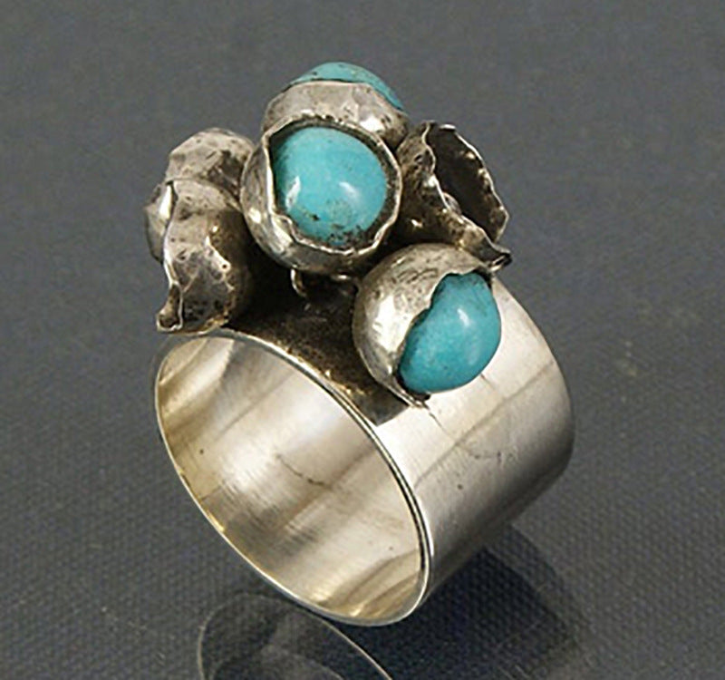 Womens 925 Sterling Silver Rings Vintage Thai Flower Turquoise Gemstone Electroplated Retro Floral Design Gifts