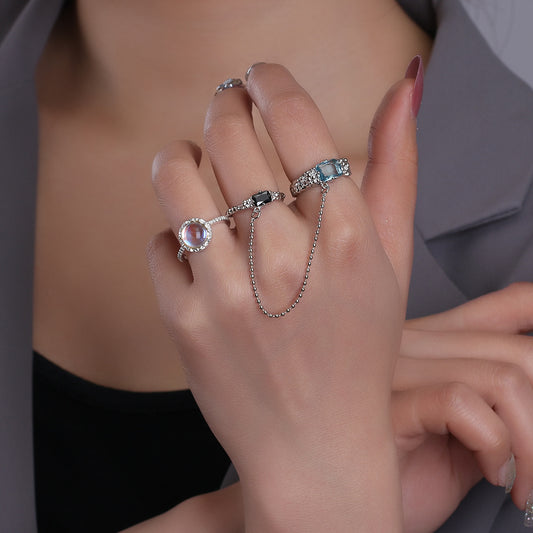 Women's Adjustable Pearl Zircon Geometric Ring Set Copper Electroplated Fashion Jewelry For Everyday Wear Chic