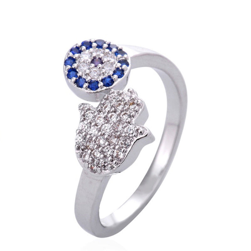 Sterling Silver Demon Eye Ring With Palm Design Adjustable Open Band Zircon Inlay For Women High Quality Rings