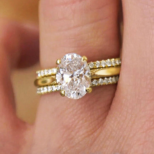 Womens Three Ring Set Zircon Inlaid Copper Four Claw Setting Stackable Design Jewelry For Her Anniversary Wedding Band