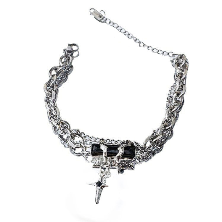 Unisex Titanium Steel Bracelet Geometric Star Lines Octagonal Design With Black Diamond Accent Minimalist Jewelry