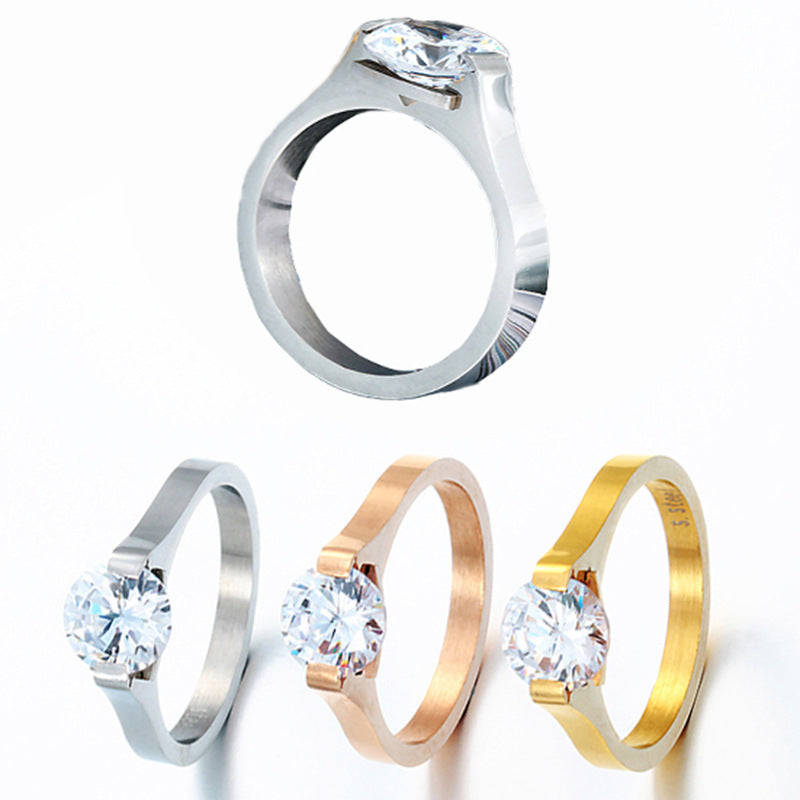 Womens Stainless Steel Geometric Ring Large Round Diamond Fashion Jewelry Gift Steel Color Gold Or Rose Gold For Women