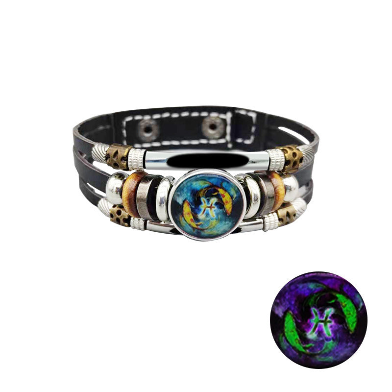 Unisex Retro Leather Bracelet Constellation Luminous Zodiac Sign Alloy Inlay Vintage Jewelry Gift Perfect Gift