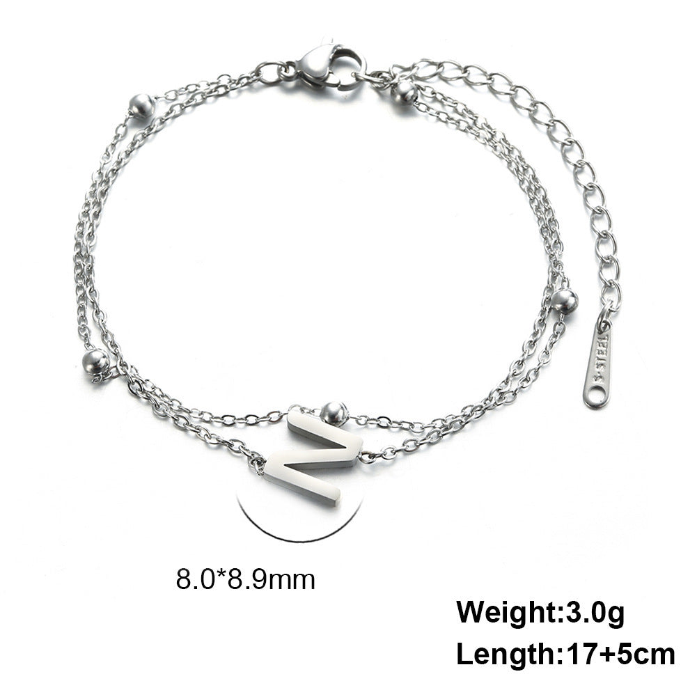 Womens Stainless Steel Double Layer Chain Bracelet With Initial Pendant Electroplated Finish Jewelry Gift Gold