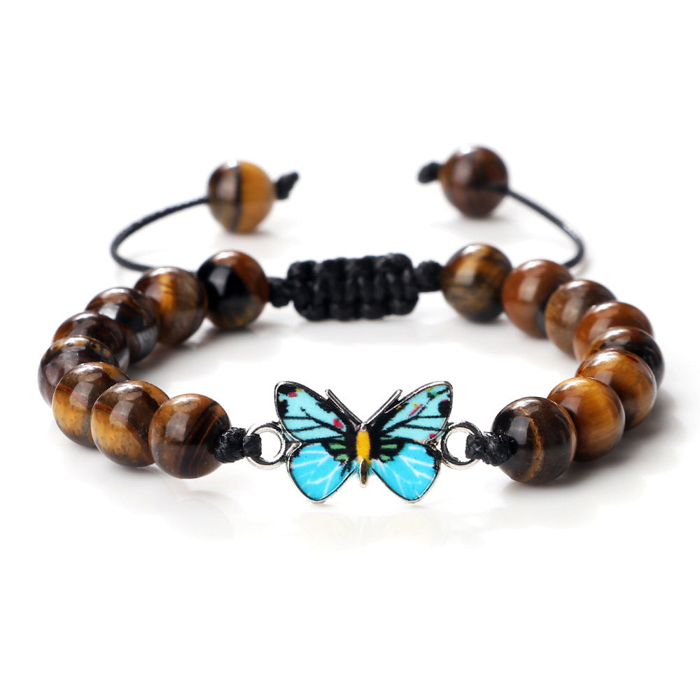 Woven Butterfly Bracelet Adjustable Handmade Tiger Eye Volcanic Rock Agate White Porcelain Bead Jewelry Gift For Women