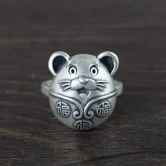 Womens Silver Plated Smiling Face Mouse Ring Retro Distressed Copper Adjustable Fashion Accessory For Women Ideal Gift