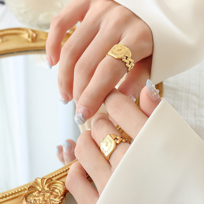 Open Ring Clock Design Copper Ring Adjustable Opening For Women Fashion Jewelry Gift Steel Or Gold Color For Her