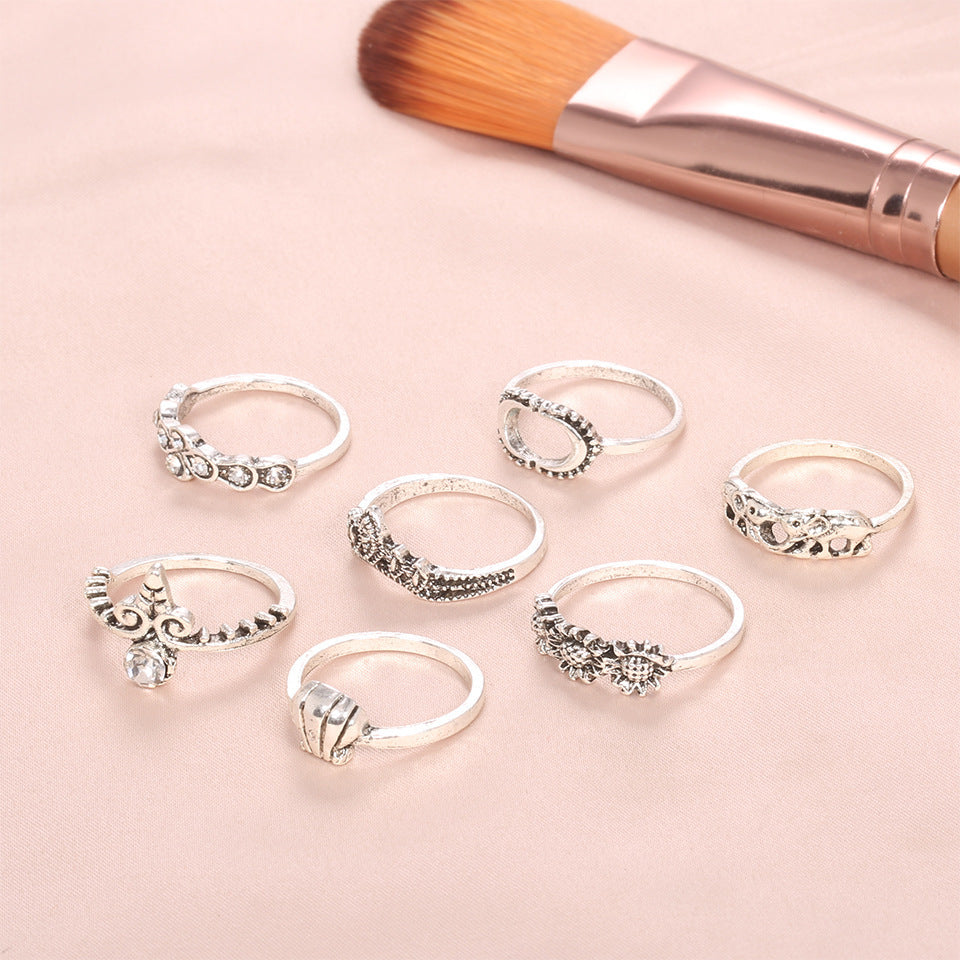 Unisex 7 Piece Alloy Ring Set European American Sunflower Shell Elephant Crown Moon Design Gift For Collectors