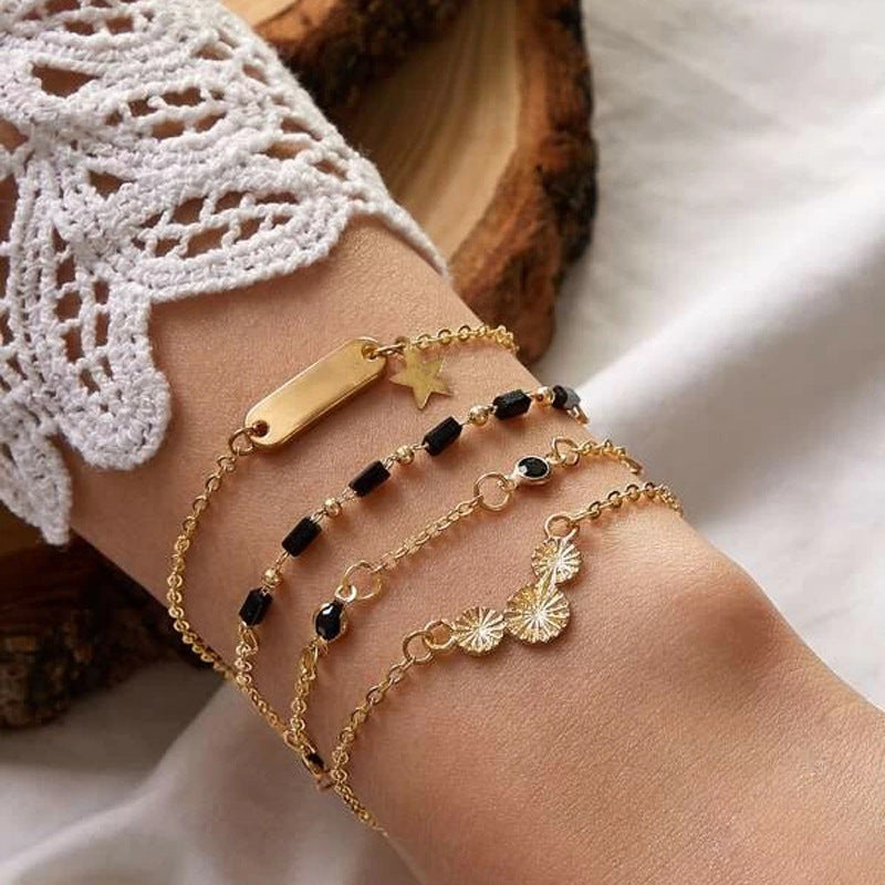Unisex Geometric Alloy Bracelet Set With Ethnic Rice Beads Electroplated Finish Four Pieces Jewelry Collection