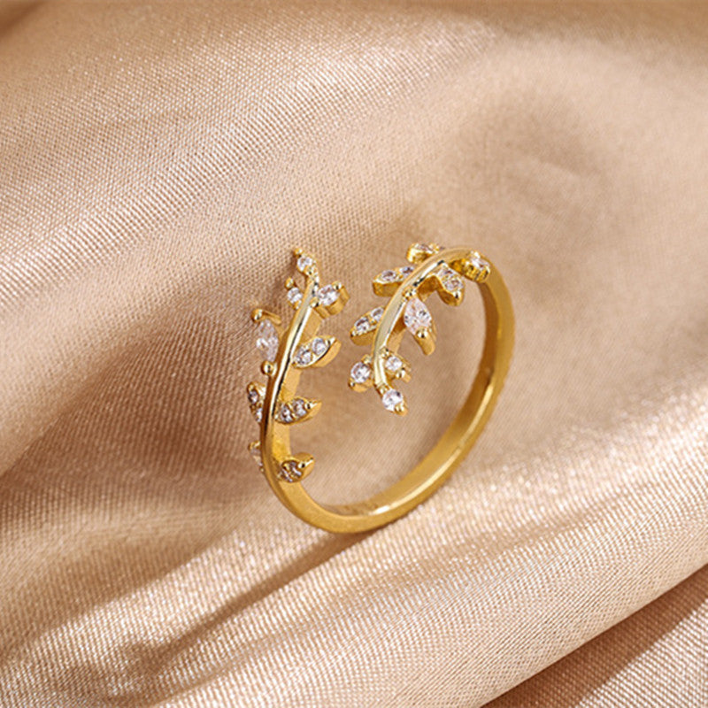 Womens Adjustable Copper Ring With Sparkling Zircon Stones Leaf Twig Design Jewelry Gift For Women Fashion For