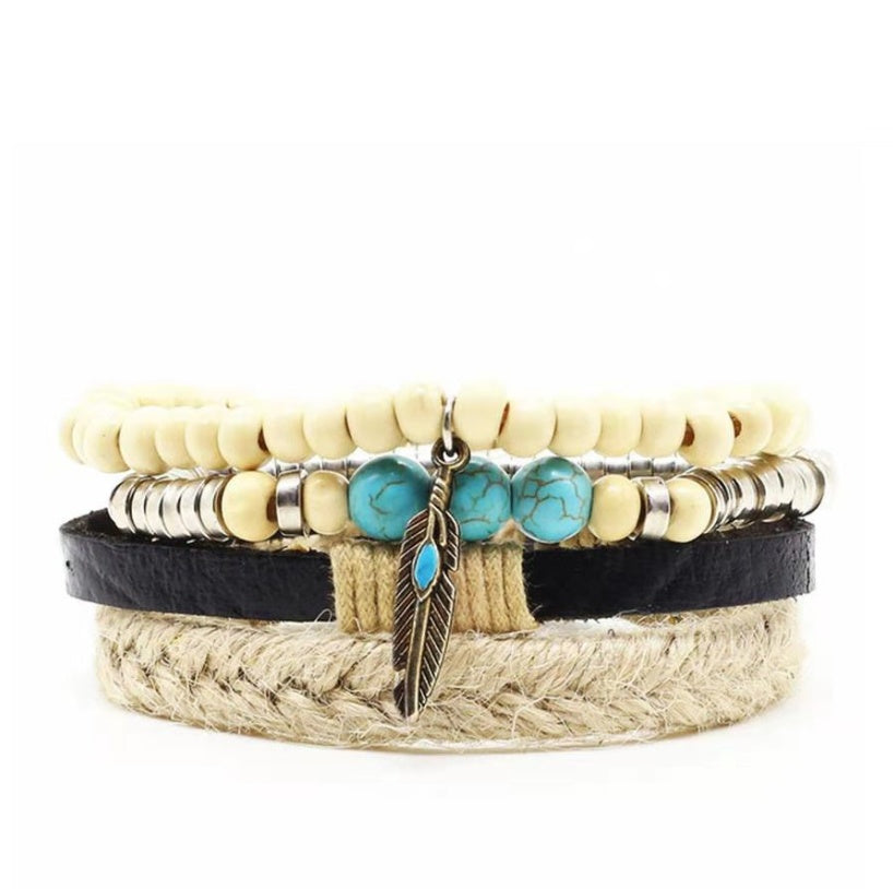 Mens Leather Braided Bracelet European Design Alloy Inlaid Gemstones Retro Geometric Accessory Woven Wristband