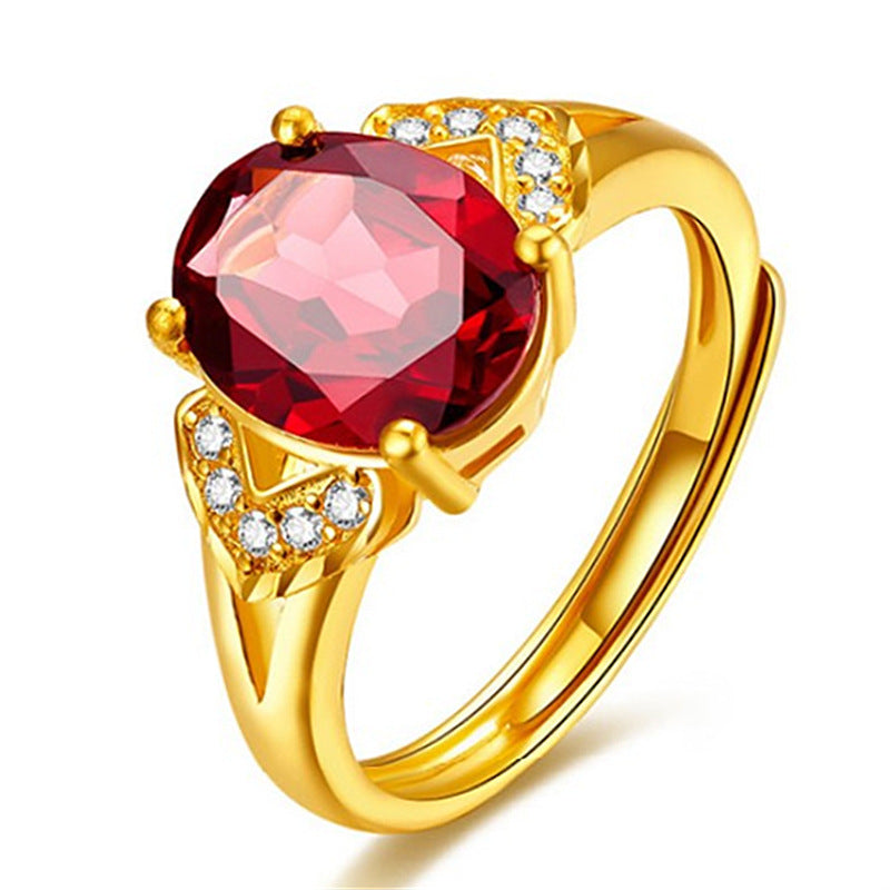 Gold Plated Garnet Ring Adjustable For Women Elegant Statement Fashion Jewelry Ring Durable Copper Design Size
