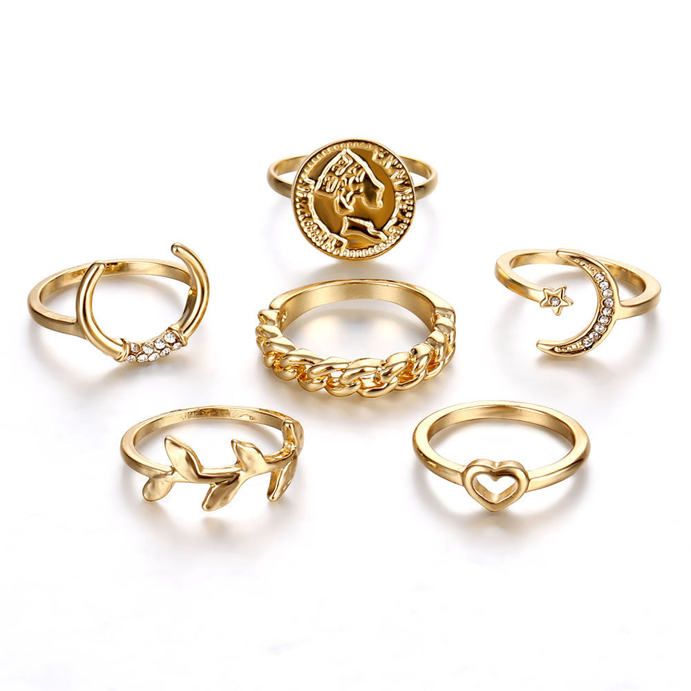 Womens Knuckle Ring Set 6 Pcs Alloy Rings With Artificial Gemstone Inlay Crescent Leaves Geometric Design Spark