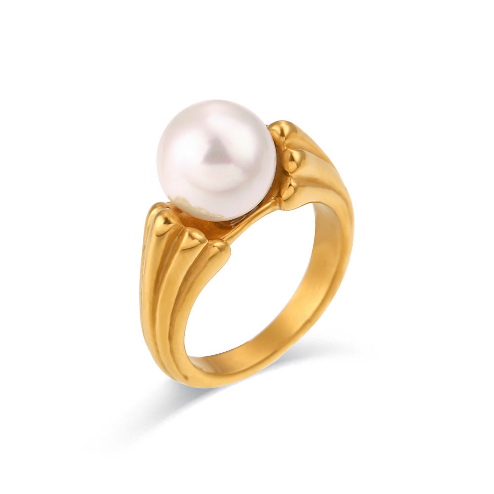 Women's Stainless Steel Ring with 18K Gold Plated Round Pearl Imitation Double Sided Pattern Elegant Geometric Jewelry Ring for Her