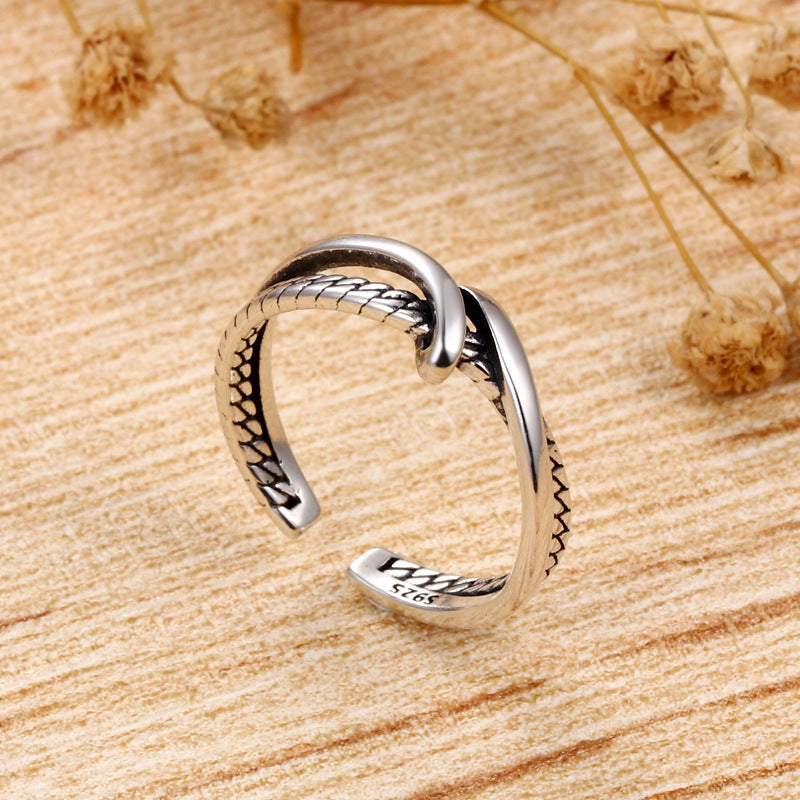 Womens 925 Sterling Silver Ring Geometric Design Vintage Style Simple Ring Niche Light Luxury Band Fine Crafts