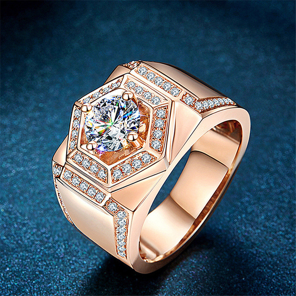 Mens Hexagonal Diamond Ring 18K Rose Gold Plated Platinum Finish Adjustable Band Geometric Jewel Gifts for Him