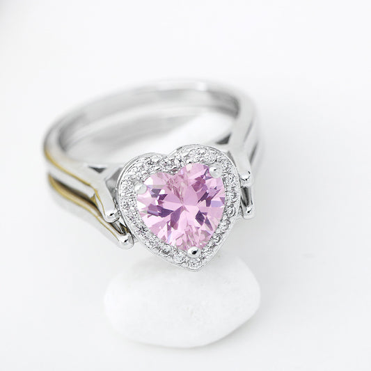 Two Tone Love Diamond Ring For Two Women Matching Heart Double Ring Jewelry White Copper Plated Finish Platinum Shine