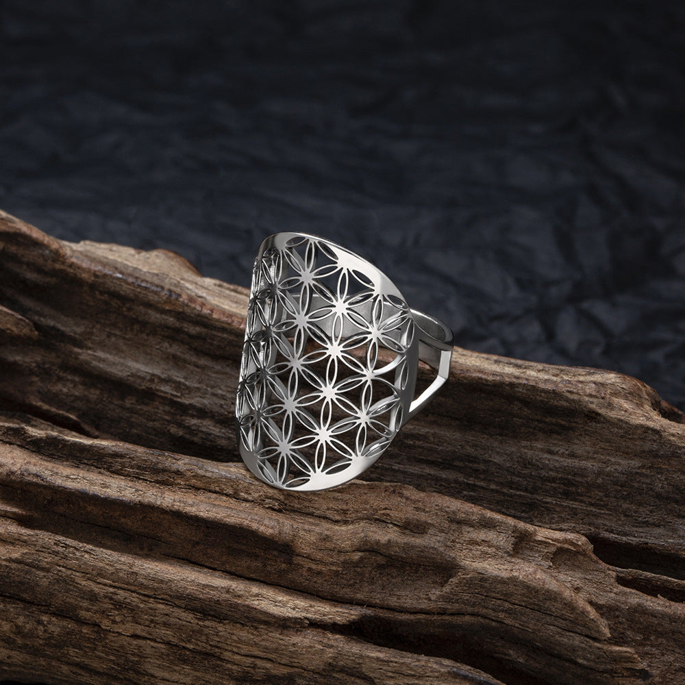 Stainless Steel Hollow Six Side Eight Pointed Stars Ring Unisex Adjustable Size Flower Shape Jewelry Style 4 Gold