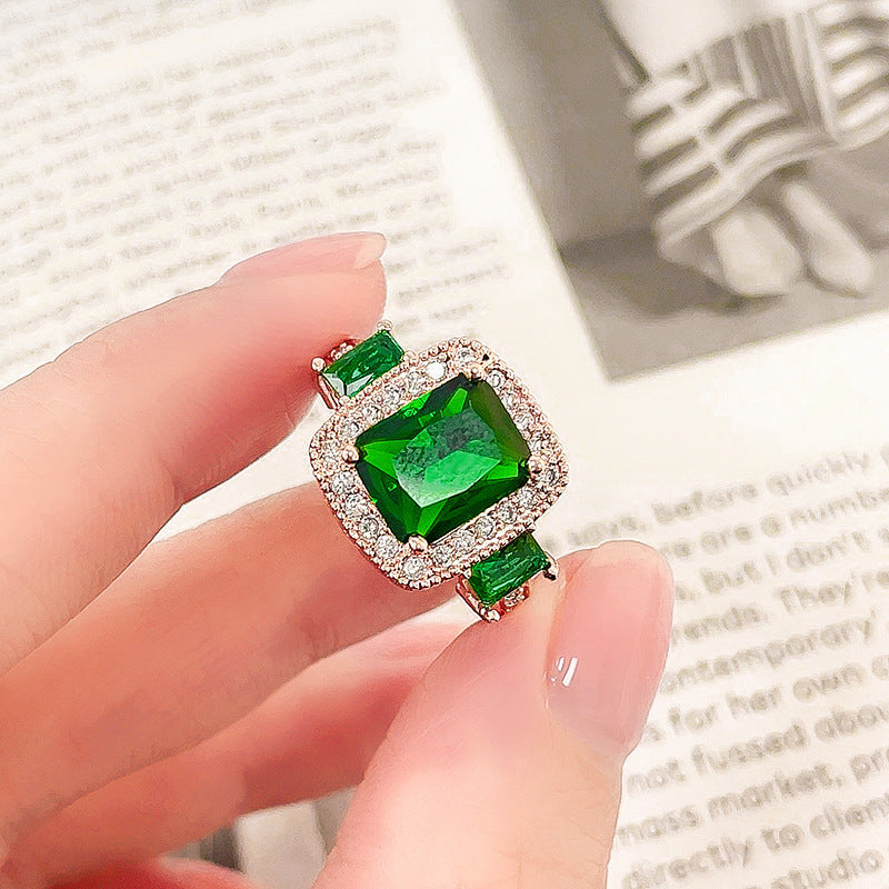Green Crystal Ring Adjustable Gold Plated Zircon Jewelry For Women Geometric Statement Elegant Fashion Jewelry