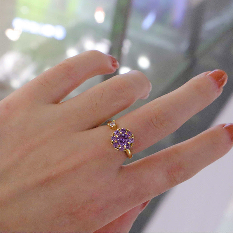 Women Adjustable Open Ring Diamond Accented Rotation Copper Geometric Korean Style Good Luck Gift For Students