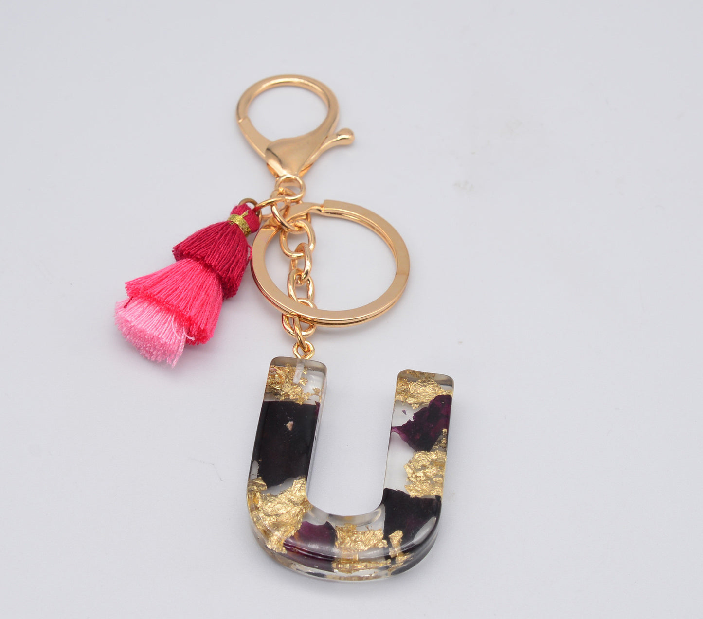 Resin Floral Keychain With Tassel Pendant Black Rose Design Durable Craftsmanship Initial Letter Bag Accessory