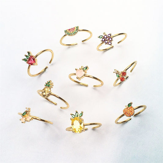 Fruit Zircon Copper Ring for Women Cute Design with Apple Watermelon Cherry Strawberry Grape Pineapple Peach Pine