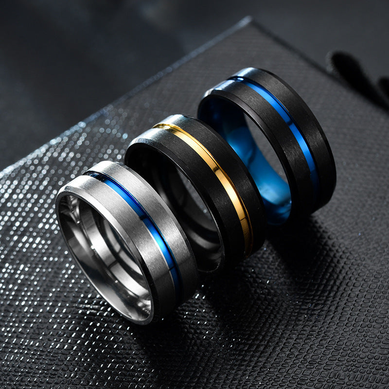 Unisex Stainless Steel Ring Two Tone Brushed Finish 8mm Band Anniversary Ring Fashion Jewelry Middle Slot Color