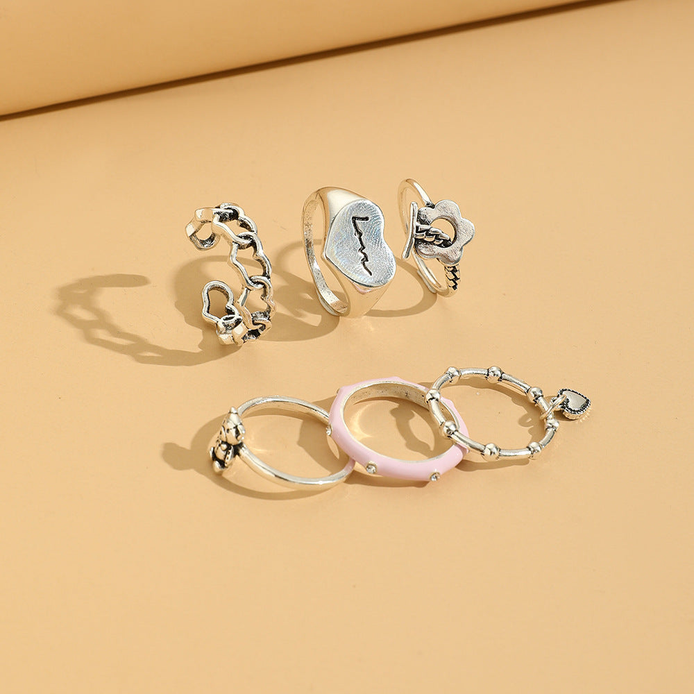 Womens Flower Charm Ring Set 6 Zinc Alloy Love Rings