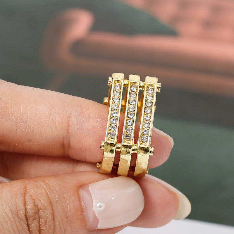 Mens Gold Geometric Alloy Ring Three Row Hollow Design